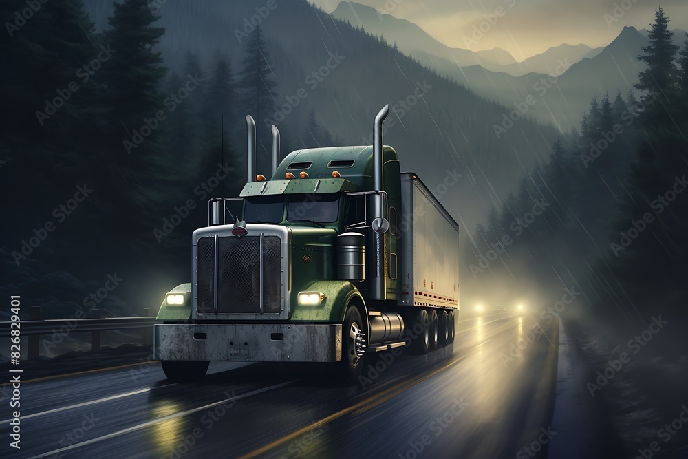 Truck transport on the road at sunset and cargo Truck transport on the road at sunset and cargo