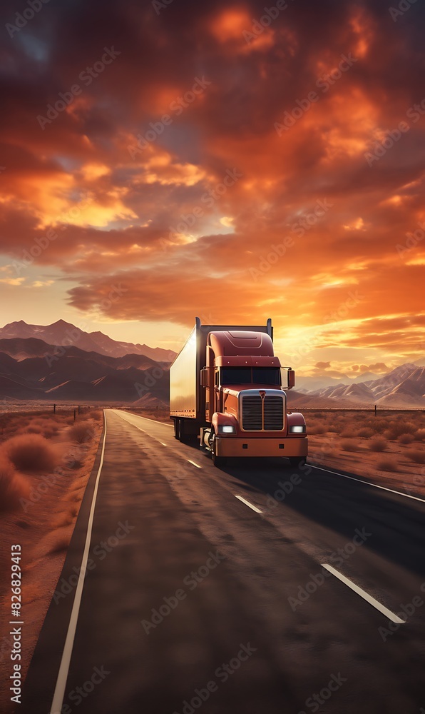 Truck on the road at sunset, transportation concept