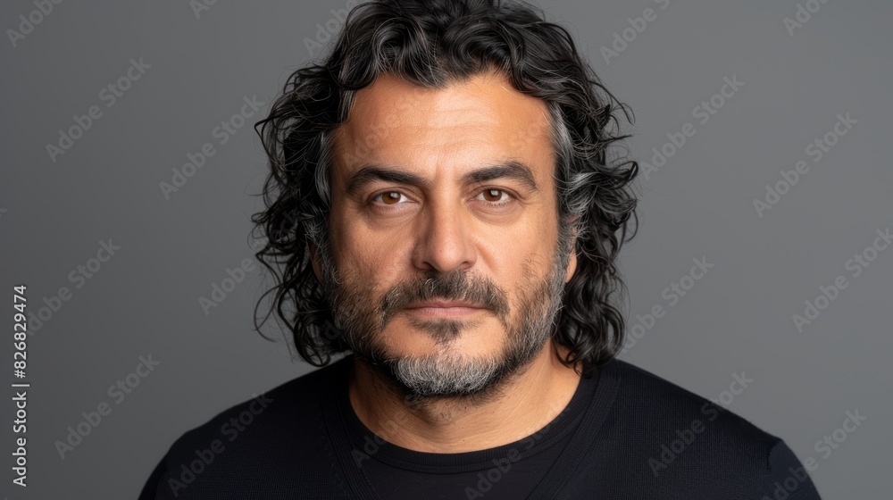 A close-up portrait of a solemn middle-aged man with dark curly hair and a short beard, dressed in a simple black shirt, set against a plain grey background A close-up portrait of a solemn middle-aged man with dark curly hair and a short beard, dressed in a simple black shirt, set against a plain grey background