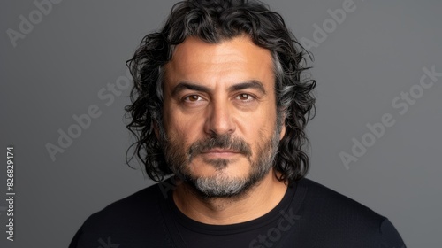 A close-up portrait of a solemn middle-aged man with dark curly hair and a short beard, dressed in a simple black shirt, set against a plain grey background
