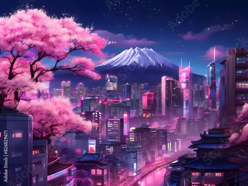 Night view city Fantasy Japanese anime citycape, pink cherry sakura tree in a neon light residential skyscraper buildings .