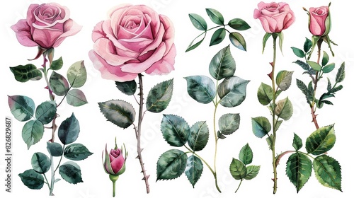 A watercolor illustration of pink roses and leaves, perfect for floral designs and romantic projects. photo