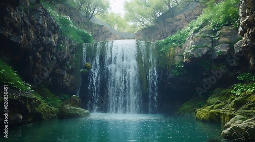 A waterfall plunging into a deep gorge photo