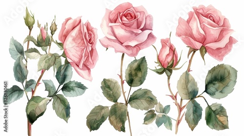 Delicate watercolor painting of pink roses in various stages of bloom, with lush green leaves. Perfect for romantic or floral designs. photo