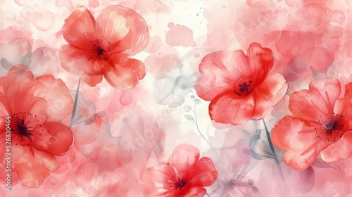 Delicate watercolor painting of red poppies with a soft pink background. Perfect for spring or floral themes.