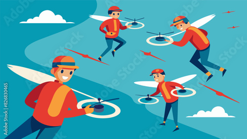 The young pilots carefully navigate their drones through tight turns and loops carefully avoiding any crashes.. Vector illustration