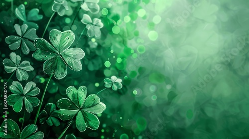 Green clover leaves and bokeh lights against a blurred green background. Perfect for St. Patrick's Day designs.