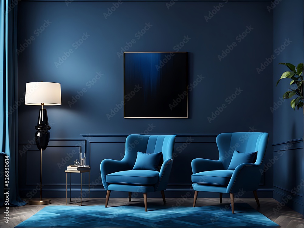 Blue living room - modern interior with luxurious furniture. Art mockup: empty navy, dark black wall, deep cobalt chair, blank cyan background. Premium lounge hall. 3D render Blue living room - modern interior with luxurious furniture. Art mockup: empty navy, dark black wall, deep cobalt chair, blank cyan background. Premium lounge hall. 3D render