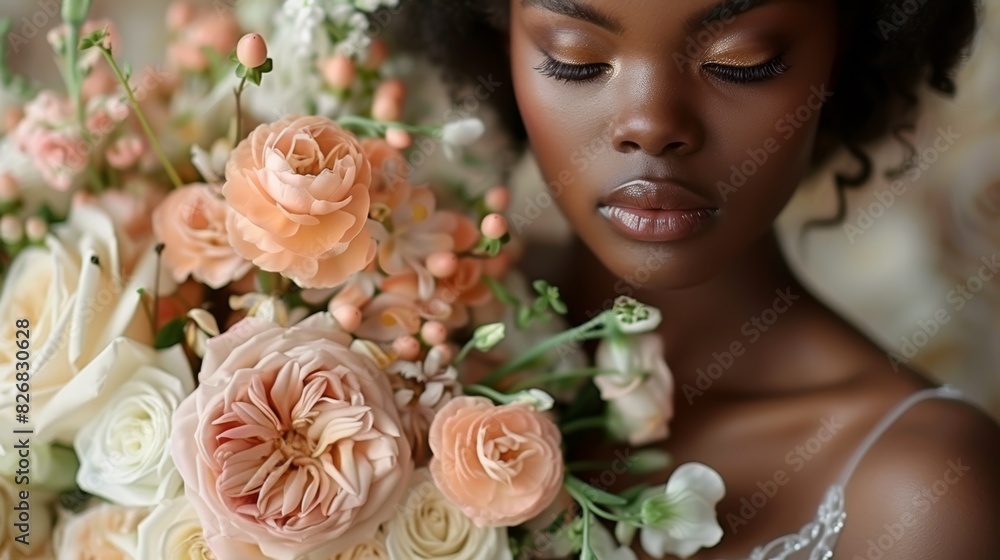 Naklejka premium A serene portrait of a woman gently embracing an exquisite bouquet of pink and peach roses with delicate white flowers intertwined, reflecting her peaceful state of mind