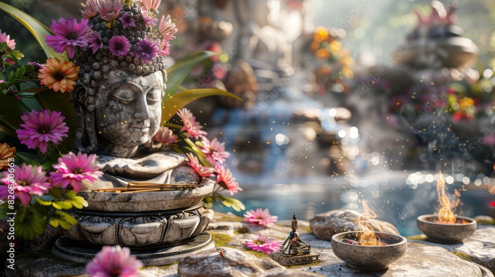 A serene outdoor setting featuring a stone Buddha statue surrounded by vibrant flowers and offerings, highlighting elements of tranquility and spiritual ambiance