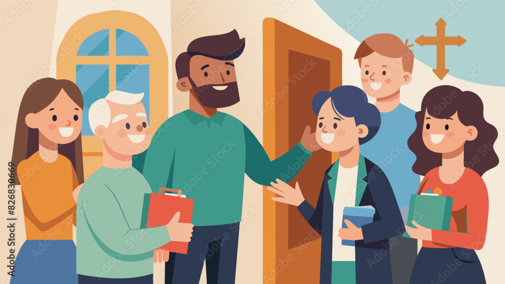 Smiling church members warmly greet newcomers as they enter the orientation making them feel welcome and part of the community.. Vector illustration Smiling church members warmly greet newcomers as they enter the orientation making them feel welcome and part of the community.. Vector illustration