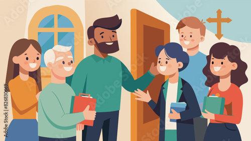 Smiling church members warmly greet newcomers as they enter the orientation making them feel welcome and part of the community.. Vector illustration