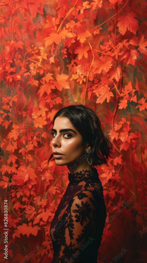 A stunning image featuring a young woman in black lace attire standing against a vibrant red foliage background, creating a striking contrast A stunning image featuring a young woman in black lace attire standing against a vibrant red foliage background, creating a striking contrast