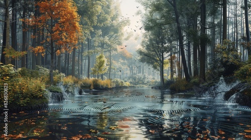 The image is a beautiful landscape of a forest with a river running through it