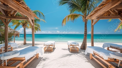 Beach chairs on a tropical beach with white sand and blue water.