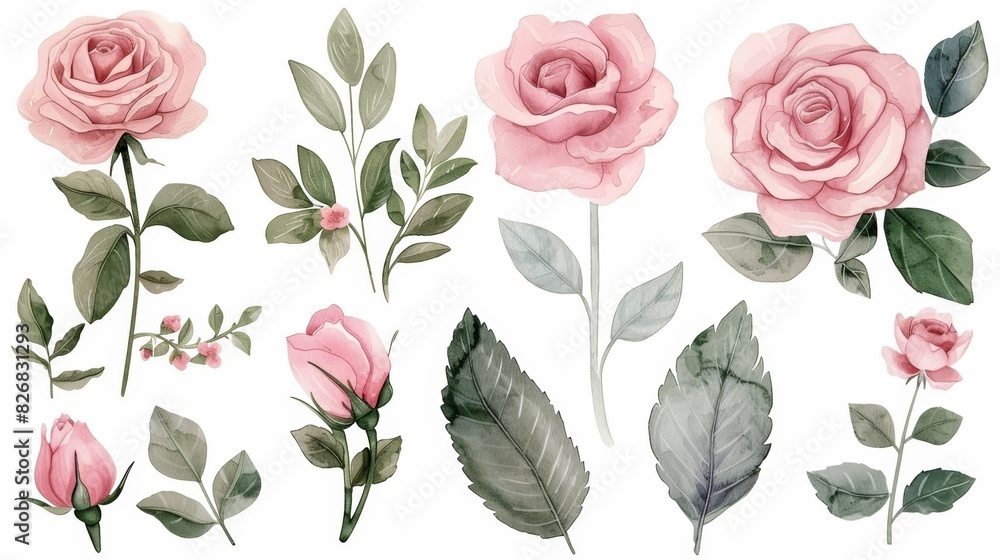 Watercolor floral illustration set with pink roses and leaves.  Perfect for wedding, invitation, or greeting cards.