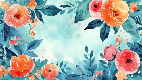 Watercolor floral frame with blue and green leaves and pink and orange flowers on a light blue background.  Perfect for invitations, cards, and other designs.