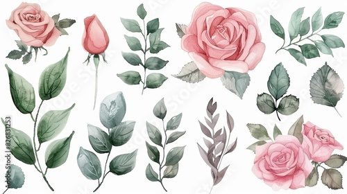 Watercolor floral elements: pink roses, green leaves and stems, isolated on white background. Perfect for invitations, cards, and other designs.