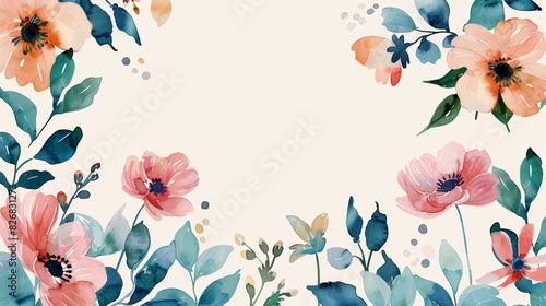 Watercolor floral frame with pink flowers and green leaves on a white background. photo