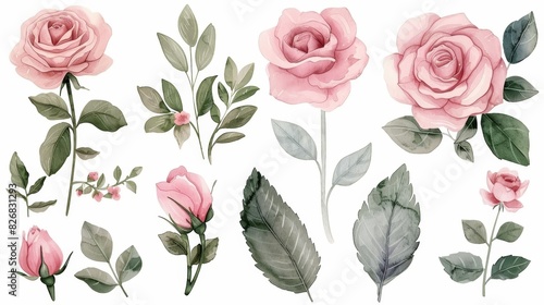 Watercolor floral illustration set with pink roses and leaves.  Perfect for wedding  invitation  or greeting cards.