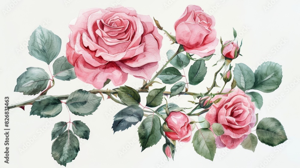Watercolor illustration of pink roses with green leaves. Romantic floral design for wedding invitations, greeting cards, and more.