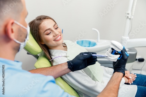 Dental treatment, Dentist checking teeth, dental examination, smiling woman, dental procedure, treating teeth, female at a dental clinic smiling