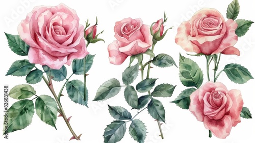 Watercolor illustration of pink roses with green leaves on a white background. Perfect for wedding invitations, romantic designs, or floral art.