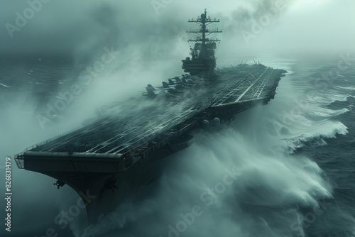 Witness the Majestic Aircraft Carrier Navigating Turbulent Seas with Dramatic Force