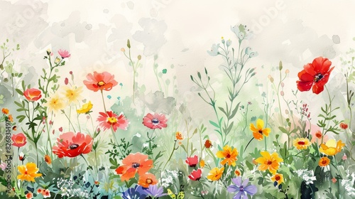 Watercolor painting of a field of colorful wildflowers, with red poppies and yellow daisies blooming. © Rungrudee