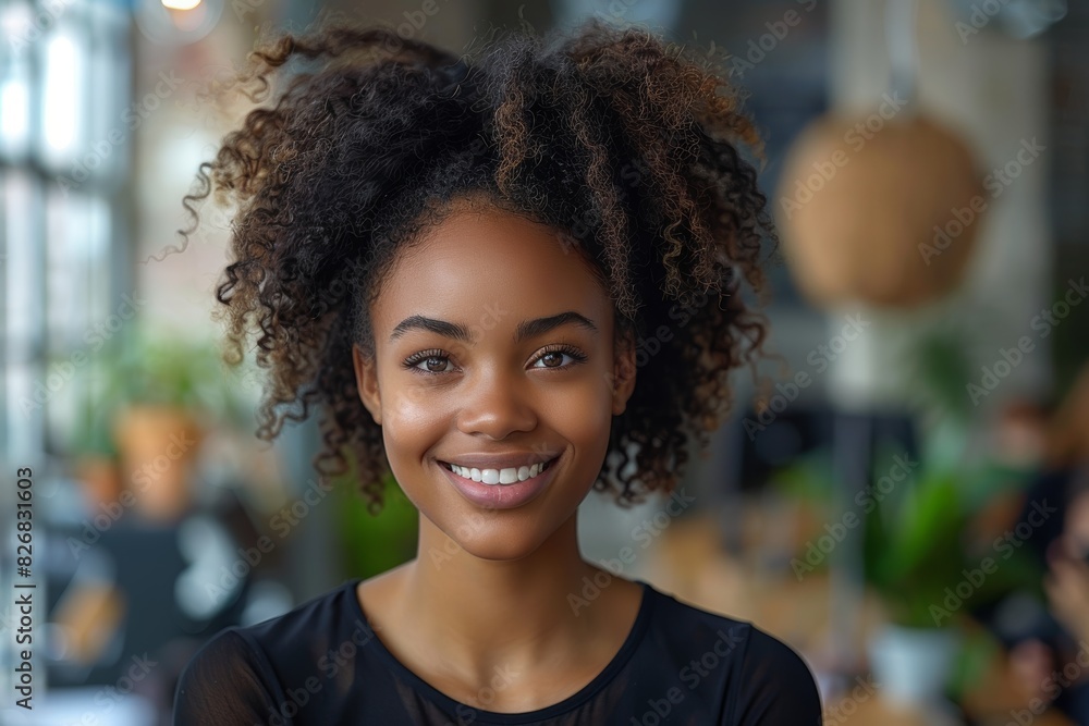 A young woman with a radiant smile and curly hair stands in a well-lit indoor space, surrounded by a cozy ambiance and green plants A young woman with a radiant smile and curly hair stands in a well-lit indoor space, surrounded by a cozy ambiance and green plants