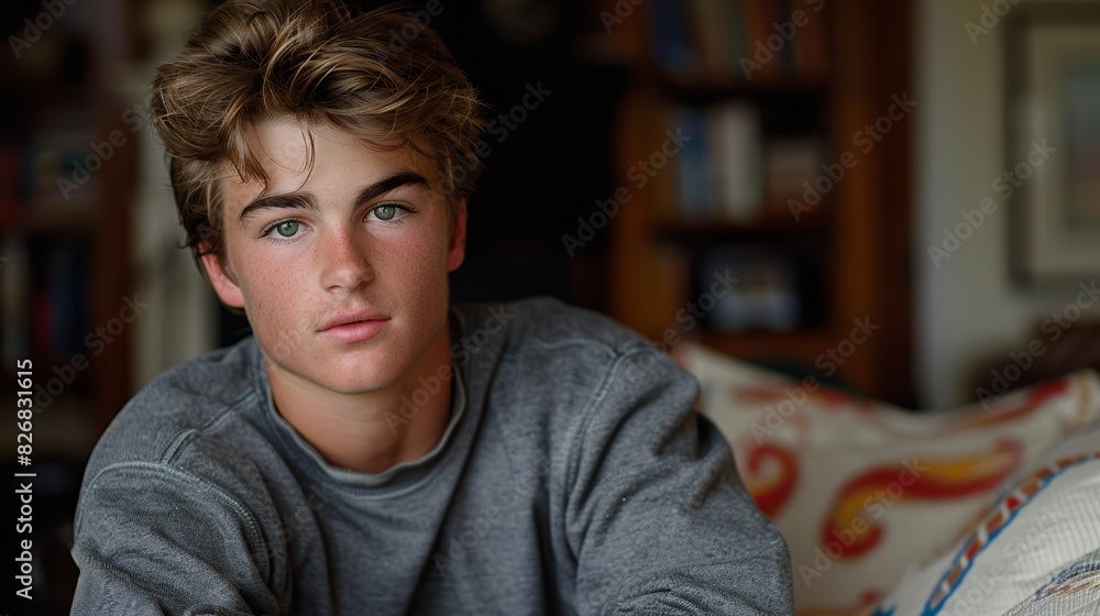 Obraz premium A young person with sandy blonde hair and a gray sweatshirt sits comfortably on a patterned couch in a warmly lit, book-filled room, gazing directly into the camera