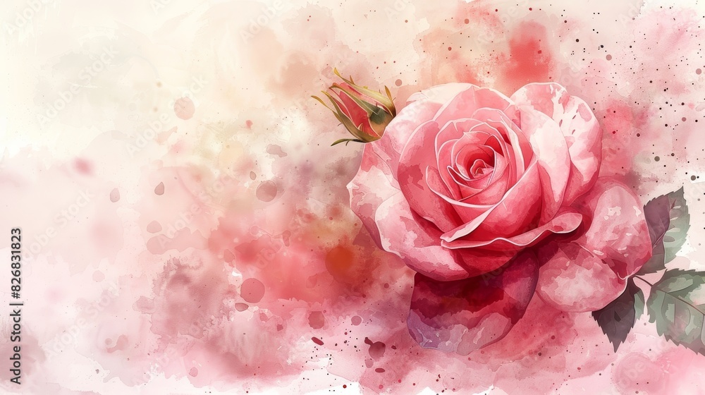 Watercolor painting of a pink rose with a bud, on a soft, watercolor background. Watercolor painting of a pink rose with a bud, on a soft, watercolor background.