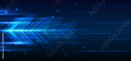Abstract technology futuristic glowing arrow lines neon blue light ray on dark blue background with square pattern digital element.