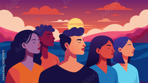 With each deep inhale the group takes in the vibrant colors of the sunset allowing the beauty to wash over and calm their minds.. Vector illustration