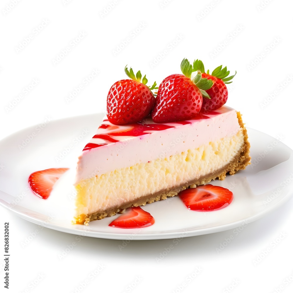 Slice of Strawberry cheesecake in plate isolated on white background. Generative ai Slice of Strawberry cheesecake in plate isolated on white background. Generative ai
