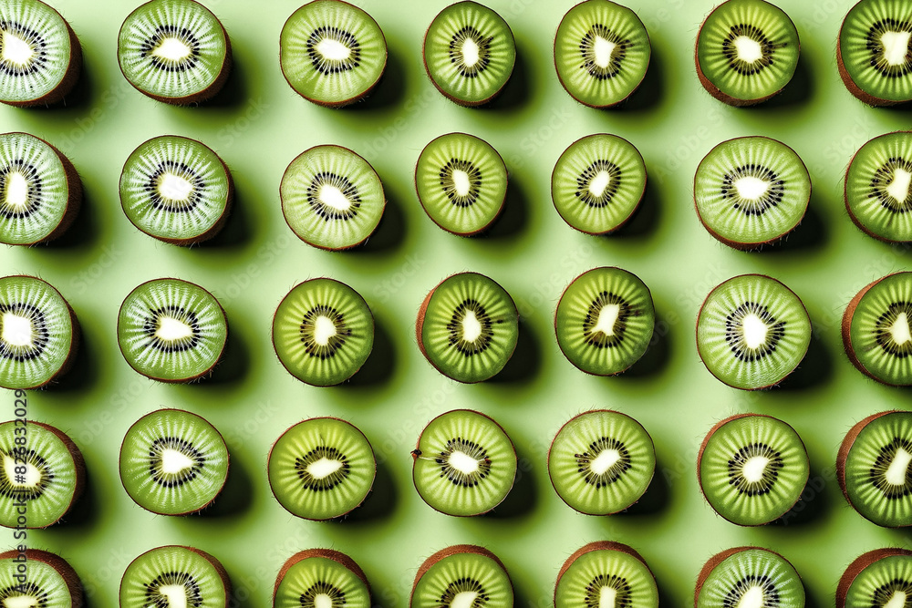 Fresh green kiwi pattern on green background. Healthy, organic, and juicy. Perfect for a refreshing summer snack or dessert. Close-up, textured, and delicious. Fresh green kiwi pattern on green background. Healthy, organic, and juicy. Perfect for a refreshing summer snack or dessert. Close-up, textured, and delicious.