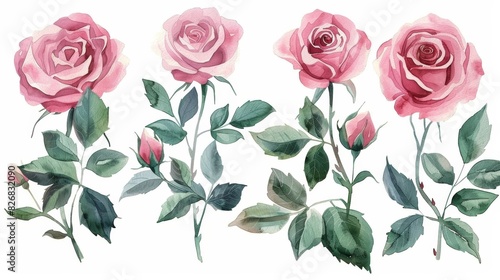 Watercolor painting of pink roses with green leaves on white background.