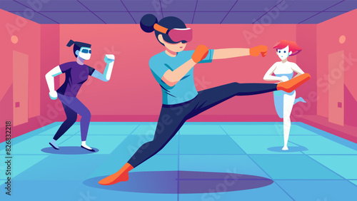 Aspiring martial artists leave their physical limitations behind and enter a virtual world of endless possibilities learning and mastering advanced. Vector illustration