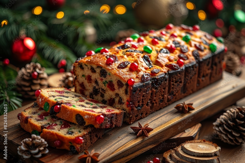Festive Holiday Fruitcake on a Wooden Platter Surrounded by Christmas Decorations and Pine Cones with a Holiday Background Festive Holiday Fruitcake on a Wooden Platter Surrounded by Christmas Decorations and Pine Cones with a Holiday Background