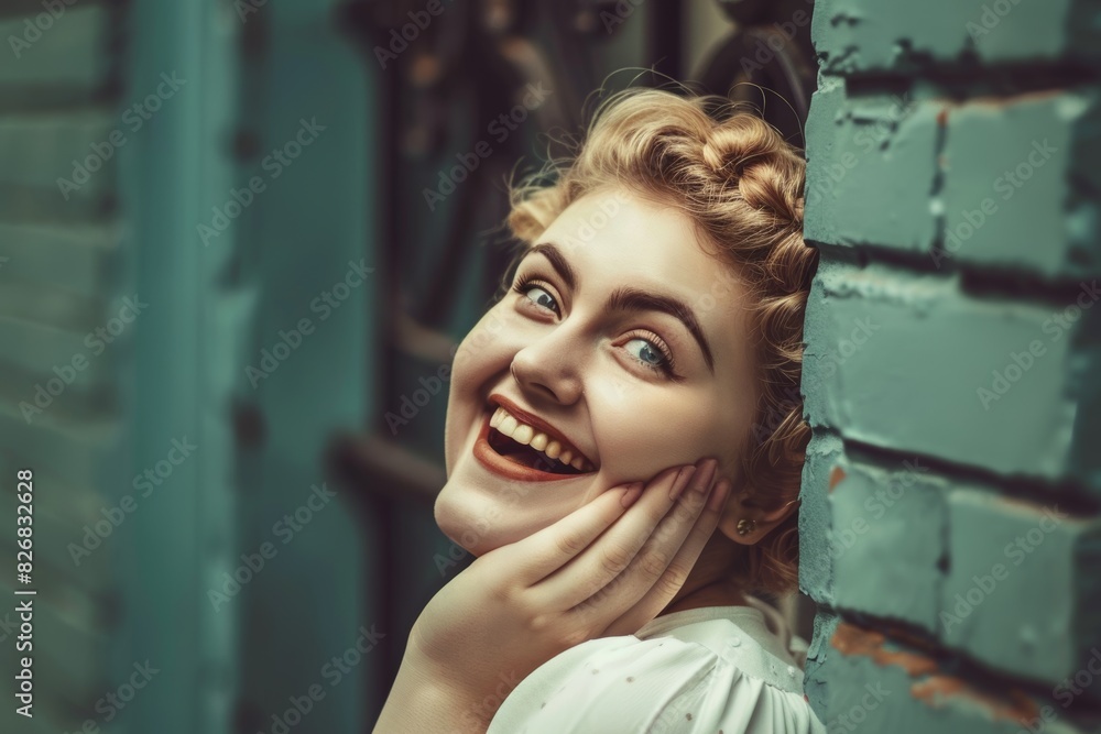 In this heartwarming image, a smiling young woman with curly blonde hair and bright eyes poses joyfully against a turquoise brick wall, showcasing genuine happiness and carefree spirit In this heartwarming image, a smiling young woman with curly blonde hair and bright eyes poses joyfully against a turquoise brick wall, showcasing genuine happiness and carefree spirit