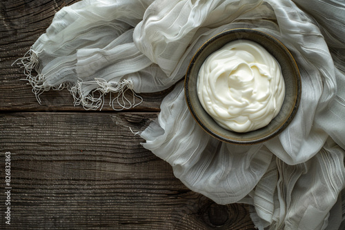 Bowl of Greek yoghurt on a wooden table with a white cloth