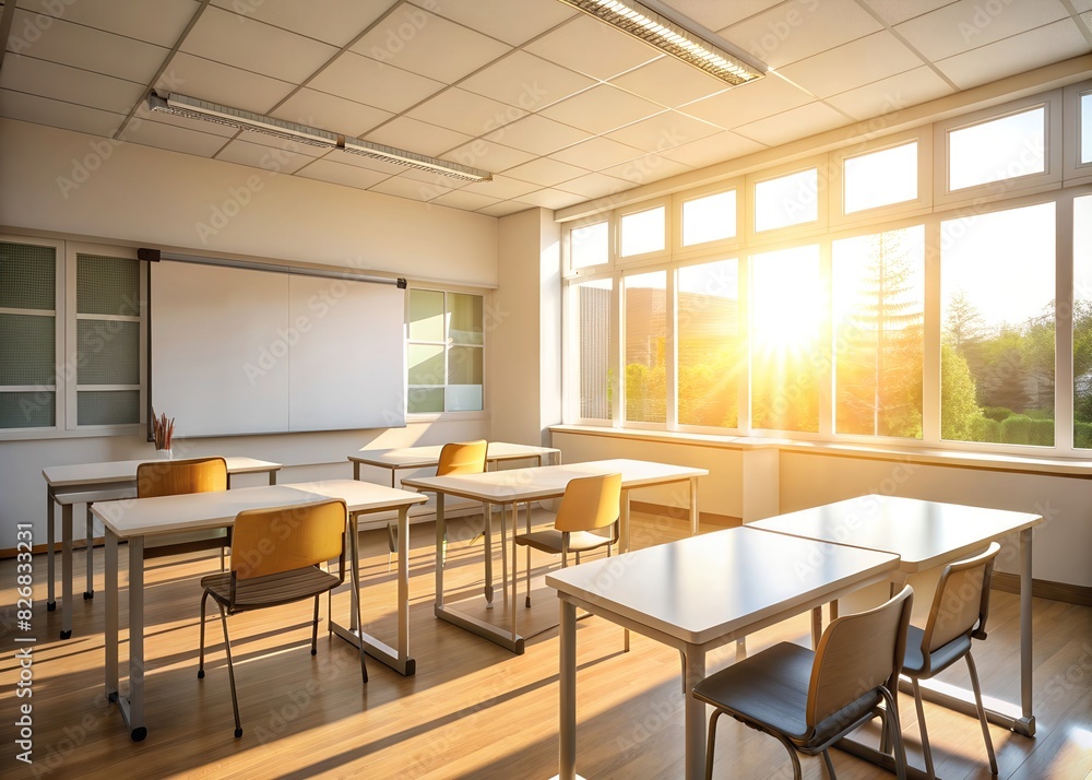 Empty classroom with bright environment, benches and board in the background Empty classroom with bright environment, benches and board in the background