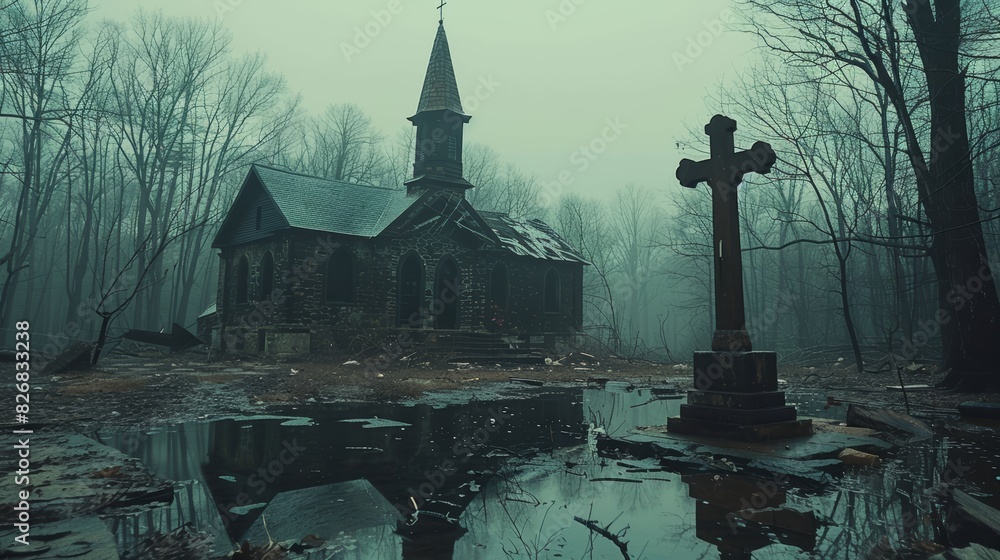 The eerie gothic church stands hauntingly amidst a foggy, desolate forest with an ancient cross reflected in a still, murky puddle, creating an ominous atmosphere The eerie gothic church stands hauntingly amidst a foggy, desolate forest with an ancient cross reflected in a still, murky puddle, creating an ominous atmosphere