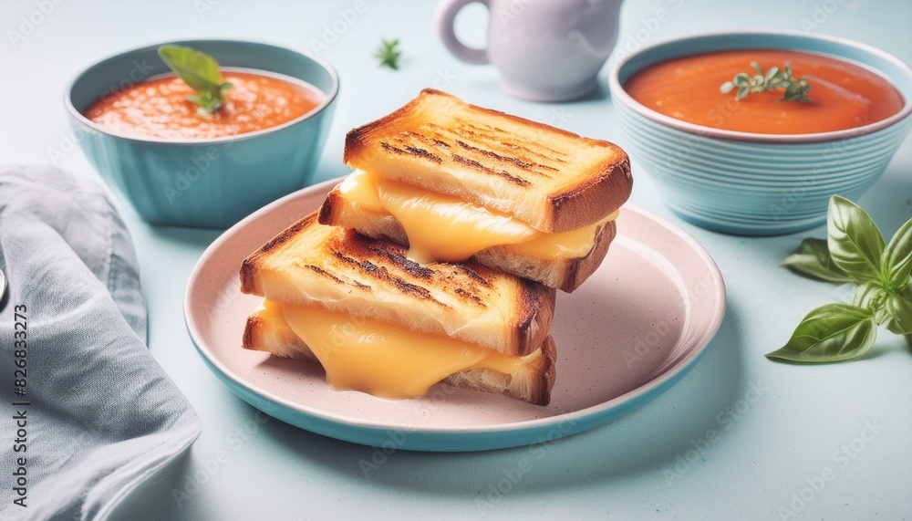 Grilled cheese sandwich on a plate next to tomato soup in a bowl Grilled cheese sandwich on a plate next to tomato soup in a bowl