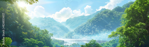 Fantasy summer natural scenery background in cartoon anime illustration style blue background 