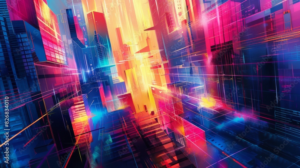 Fototapeta premium Futuristic Urban Geometry - Abstract Cityscape with Vibrant Neon Lights