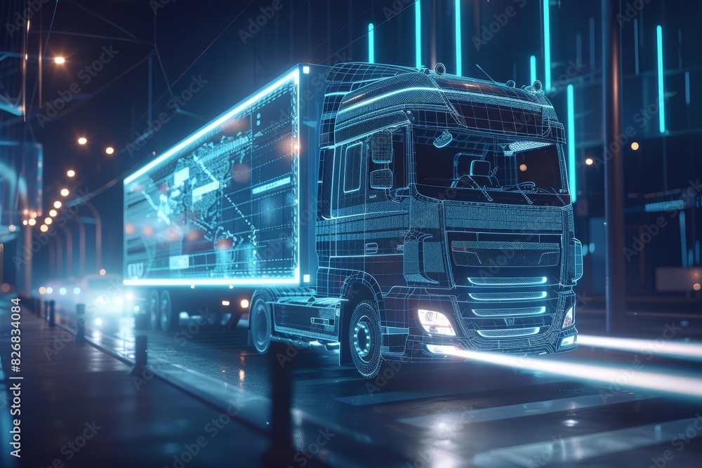 A futuristic truck with trailer scene with wireframe intersection close up A futuristic truck with trailer scene with wireframe intersection close up