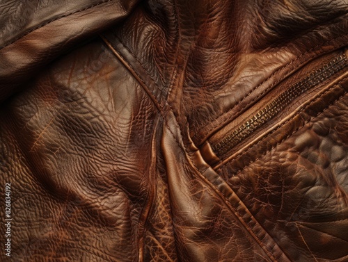 Aged, well-loved leather jacket showcasing a characterful, lived-in appearance. Timelessly stylish, distressed essential photo