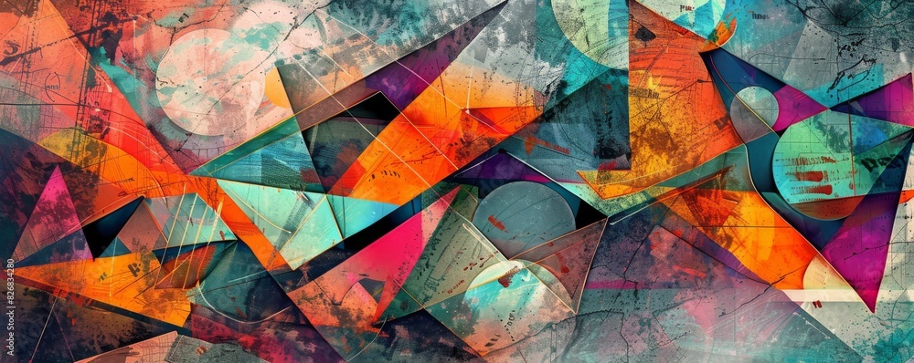 Naklejka premium Abstract Geometric Design with Vibrant Color Contrasts and Overlapping Shapes