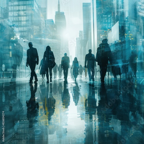 Abstract futuristic city landscape with business people walking on the streets  digital painting with double exposure effect  skyscrapers silhouettes become blurred due to movement